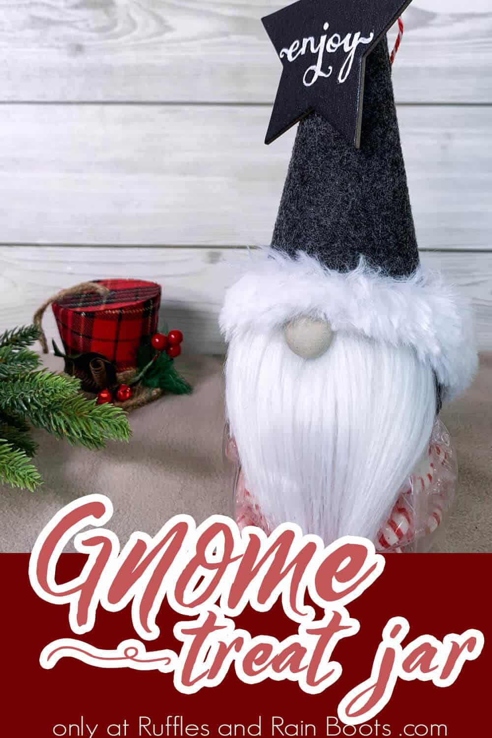 easy diy gnome treat jar craft with text which reads gnome treat jar