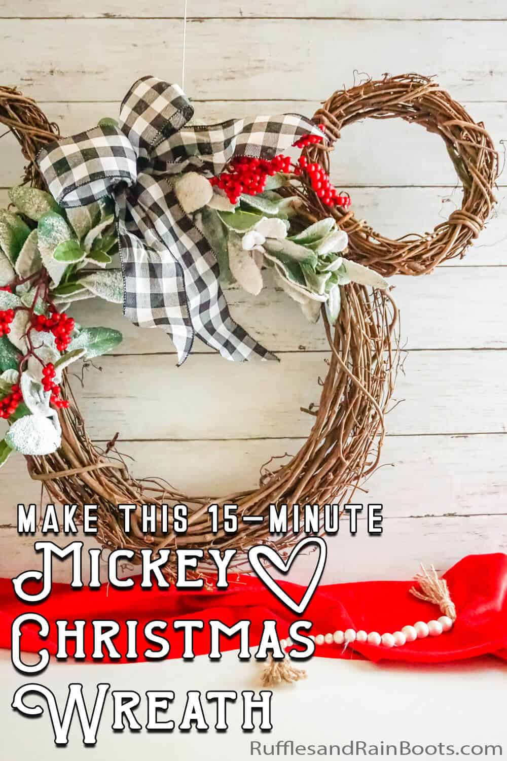 holiday mickey wreath with text which reads make this 15-minute mickey christmas wreath