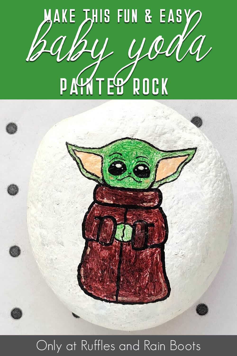 baby yoda kindness stone craft with text which reads make this fun & easy baby yoda painted rock