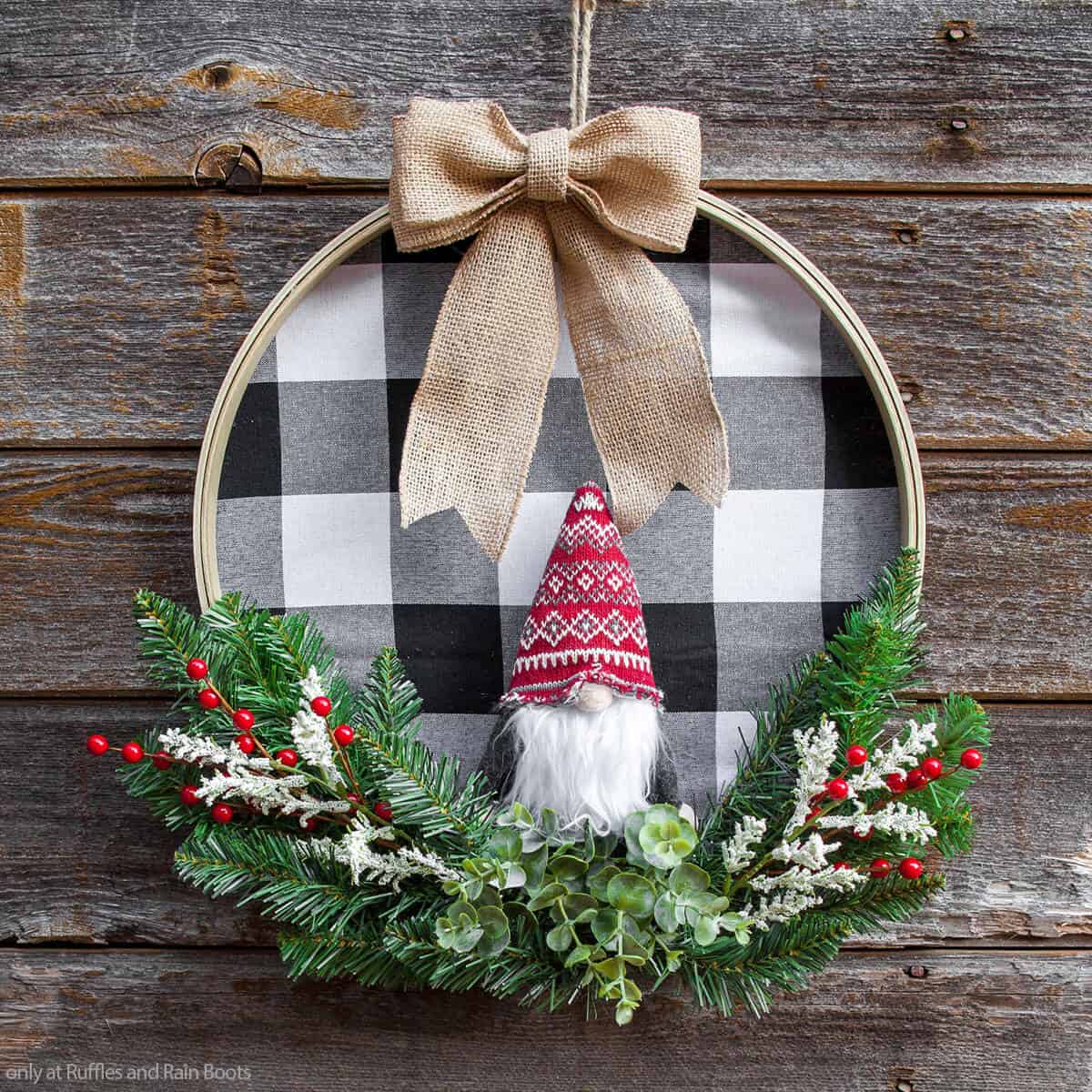 christmas farmhouse wreath using an embroidery hoop and a gnome ornament
