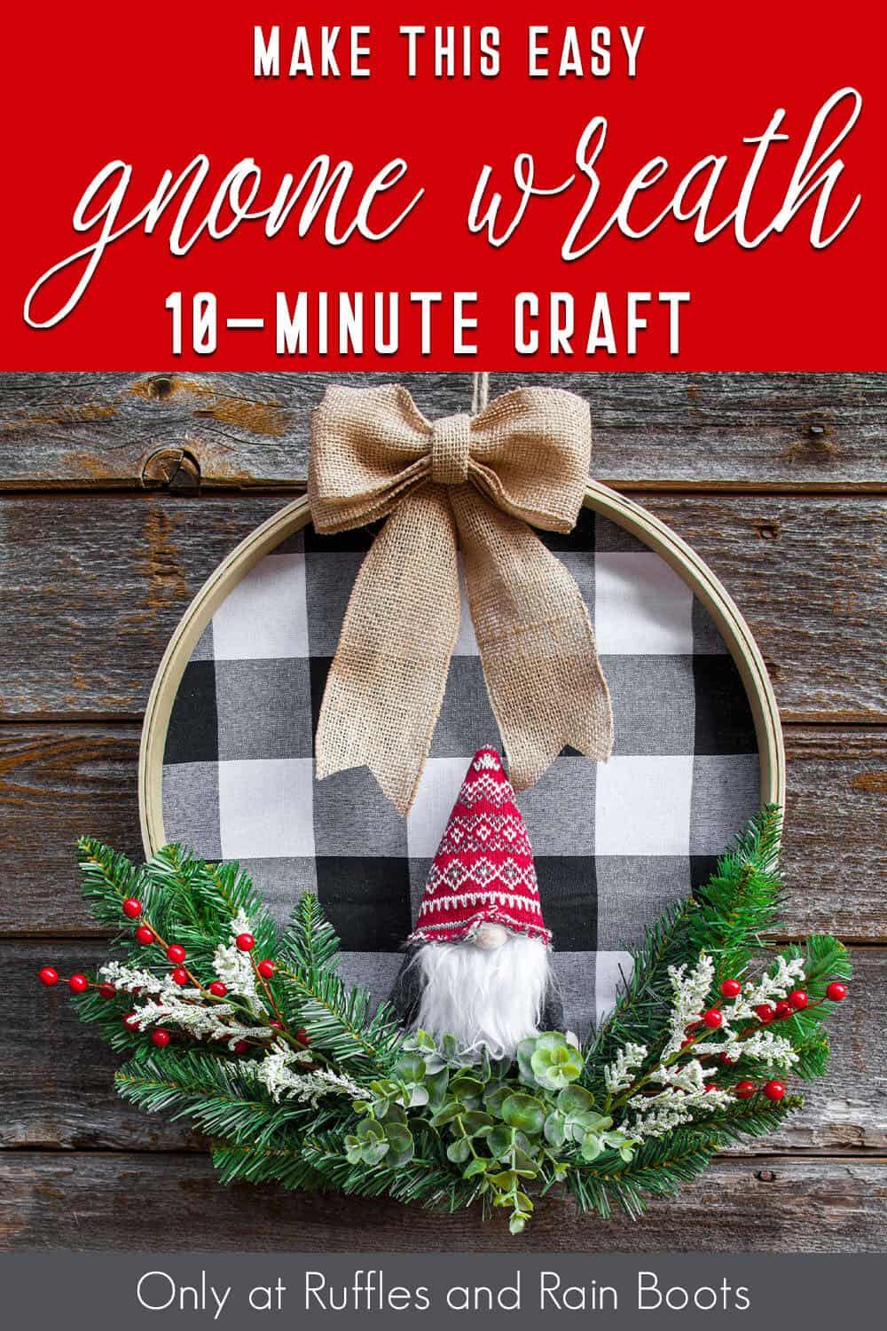 easy diy scandinavian gnome wreath using an embroidery hoop with text which reads make this easy gnome wreath 10-minute craft