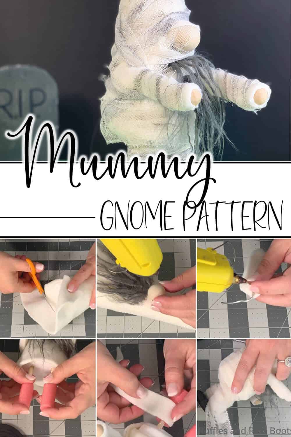 Photo collage of easy gnome pattern for halloween with text which reads mummy gnome pattern.