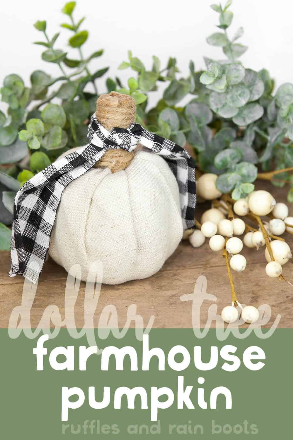 closeup of a fabric farmhouse pumpkin craft with text which reads dollar tree farmhouse pumpkin