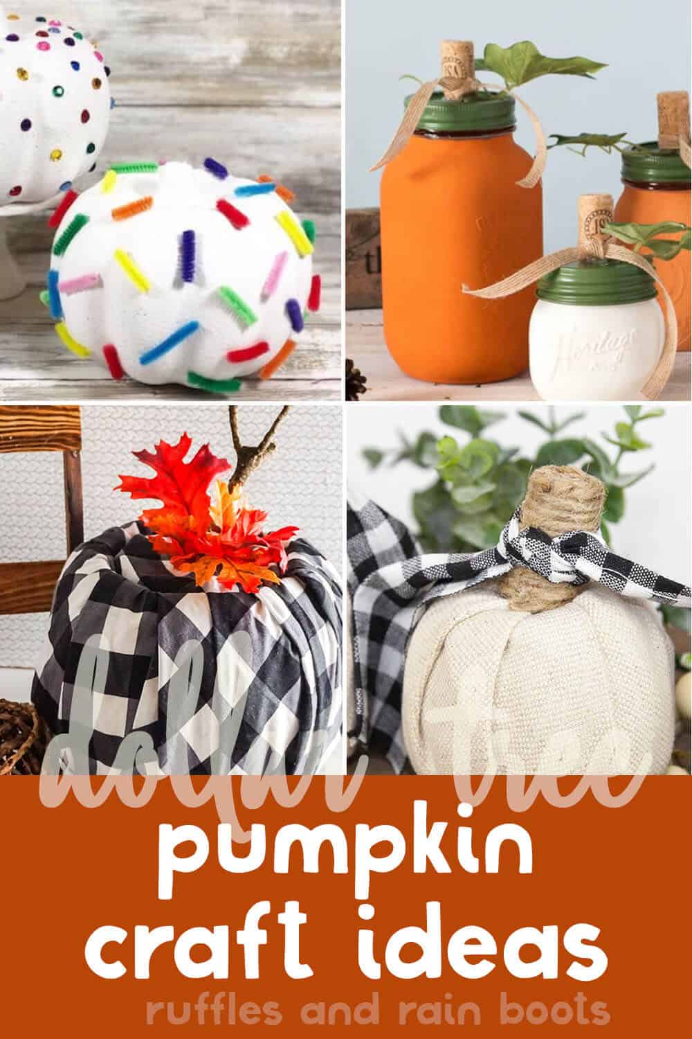 Photo collage of easy no-carve pumpkin decorating ideas from the dollar store with text which reads dollar tree pumpkin craft ideas.
