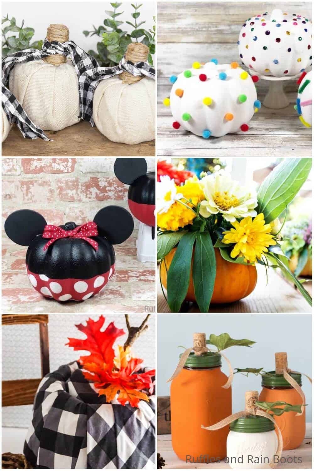 Large photo collage of dollar tree pumpkin craft ideas for kids and adults through Halloween and Fall.