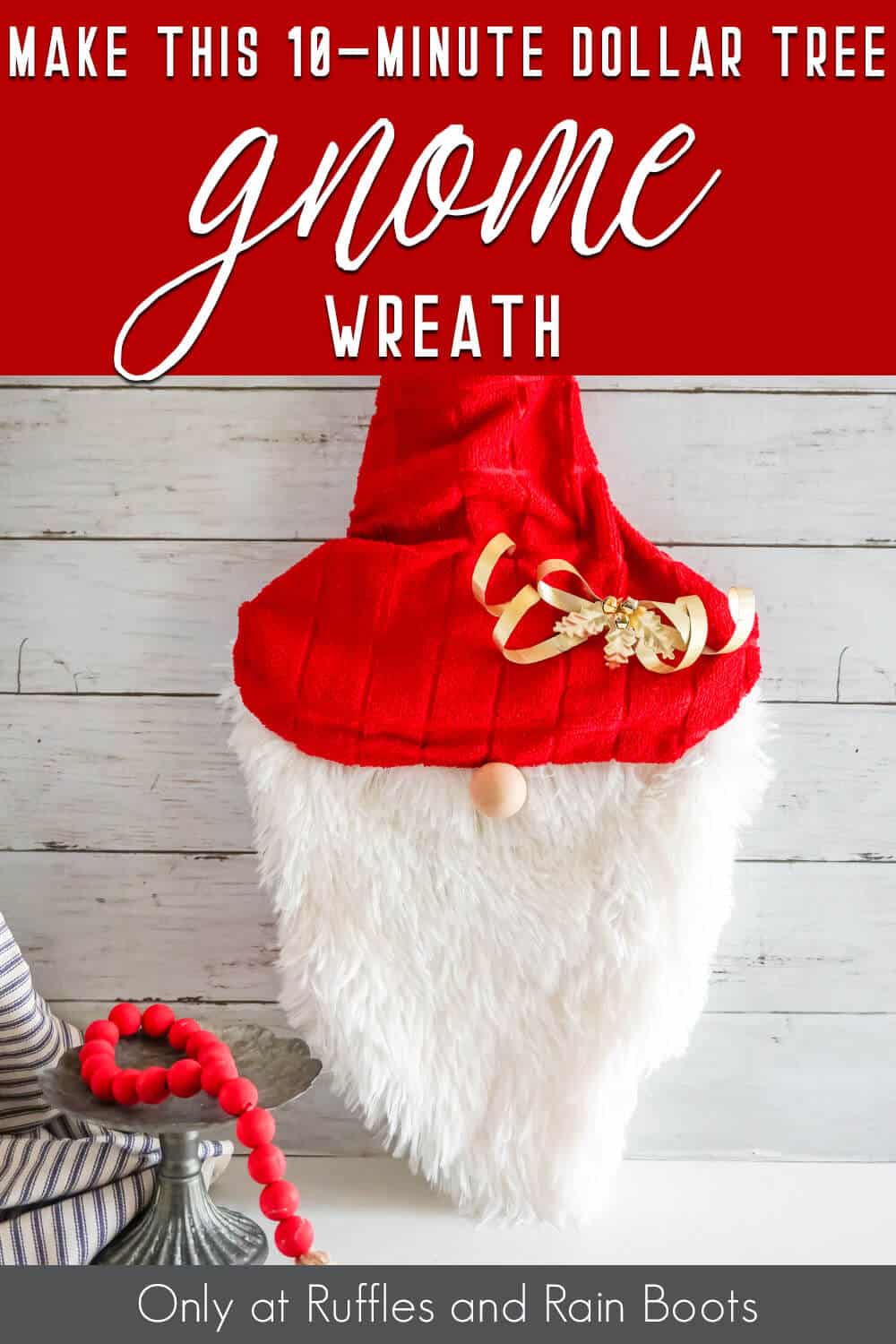 easy diy gnome wreath with text which reads make this 10-minute dollar tree gnome wreath