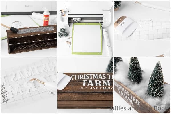 photo collage tutorial of how to make a christmas farmhouse centerpiece