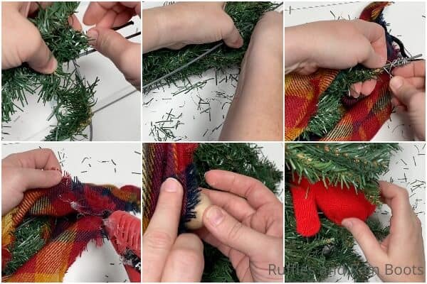 Horizontal photo collage of crafter making a Christmas tree gnome or porch gnome