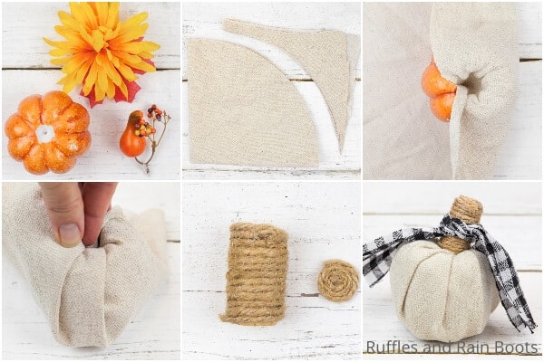 photo collage tutorial of how to make a dollar store fabric pumpkin