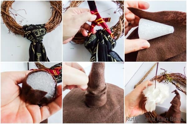 photo collage tutorial of how to make a harry potter wreath