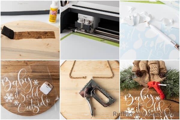 photo collage tutorial of how to make a winter wood sign for the holidays