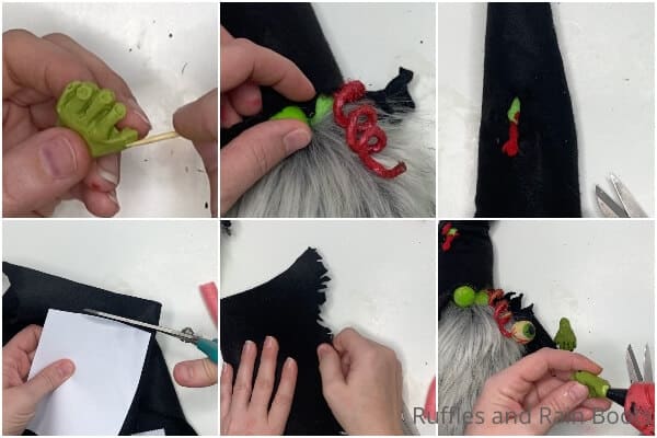 photo collage tutorial of how to make a zombie gnome for halloween decoration