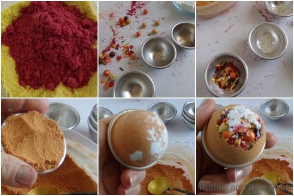 photo collage tutorial of how to make pumpkin spice bath bombs