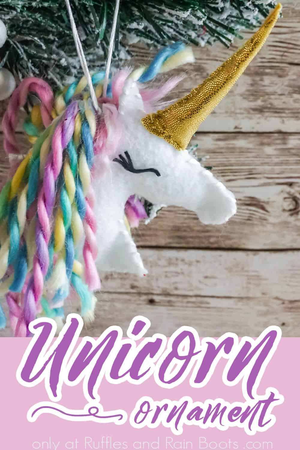 Cricut ornament for Christmas of a unicorn made of felt with text which reads unicorn ornament