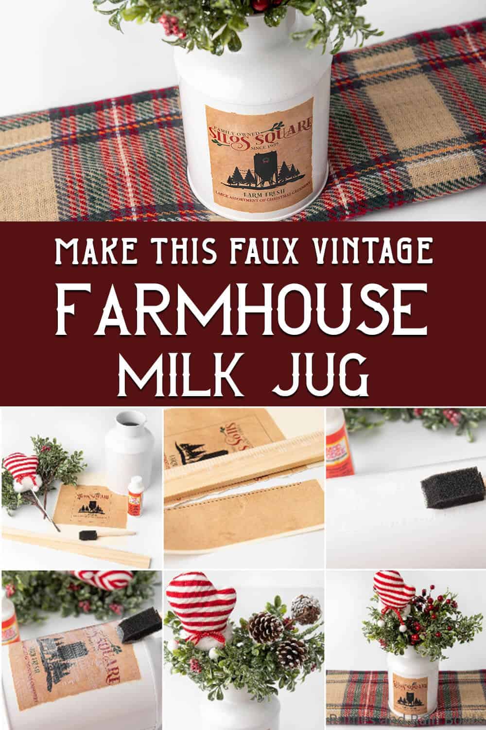 photo collage of easy way to decorate with a milk jug with text which reads make this faux vintage farmhouse milk jug