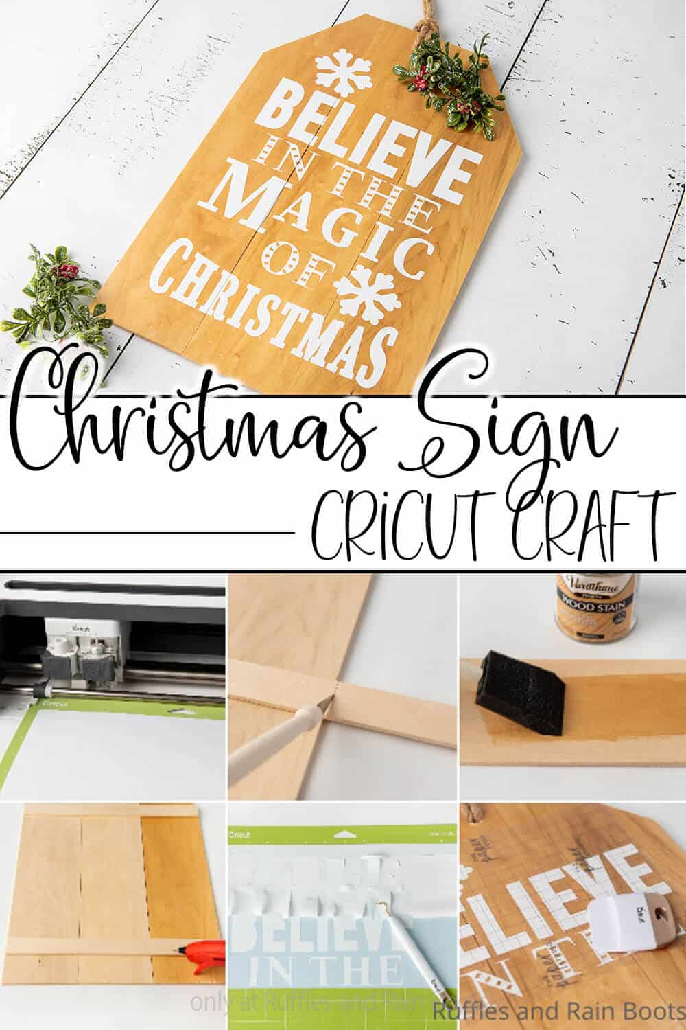 photo collage of easy holiday craft with free christmas cut file set with text which reads christmas sign cricut craft