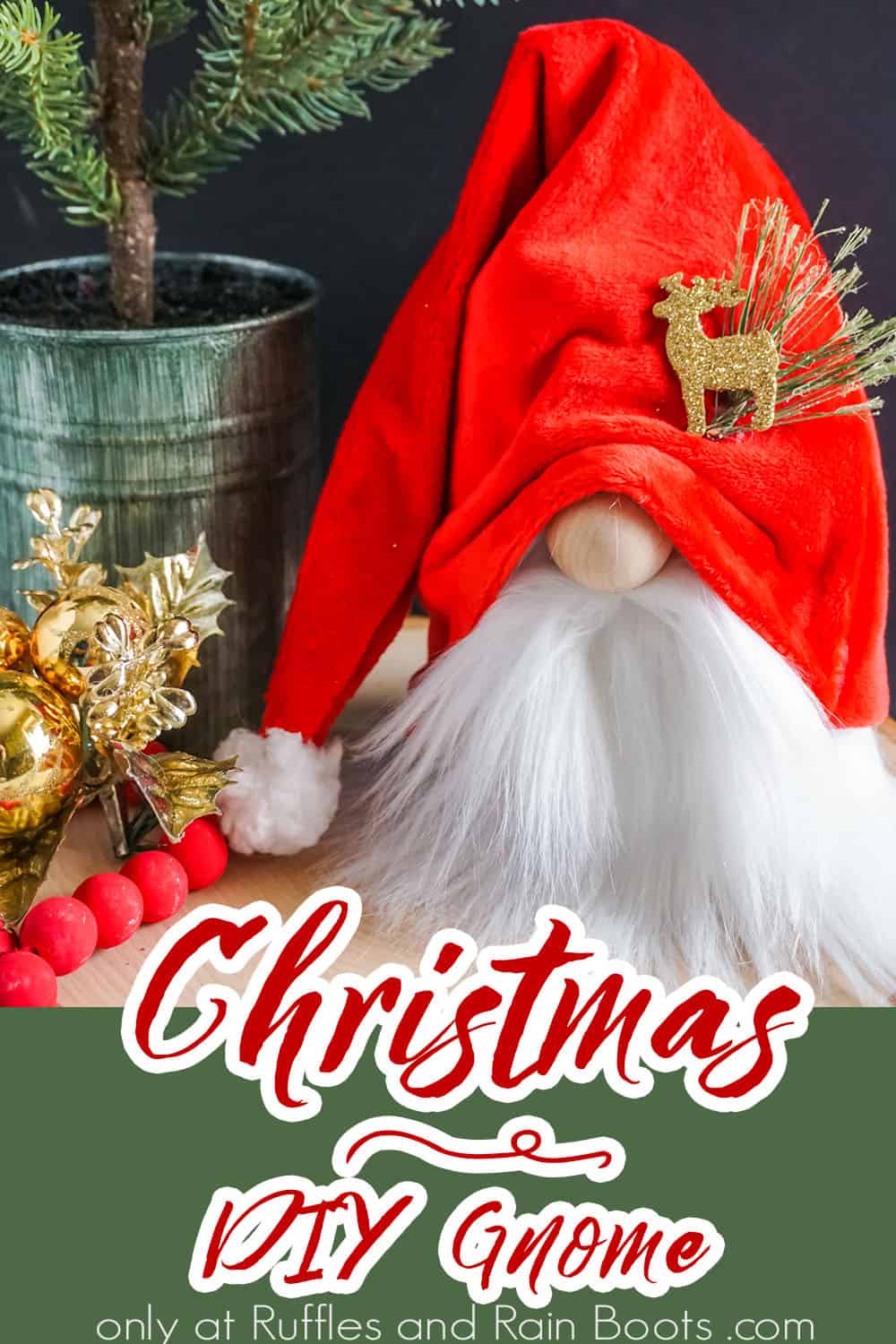 Cute Santa gnome with white beard and bright red hat made with a sock and fabric with text which reads Christmas DIY gnome.