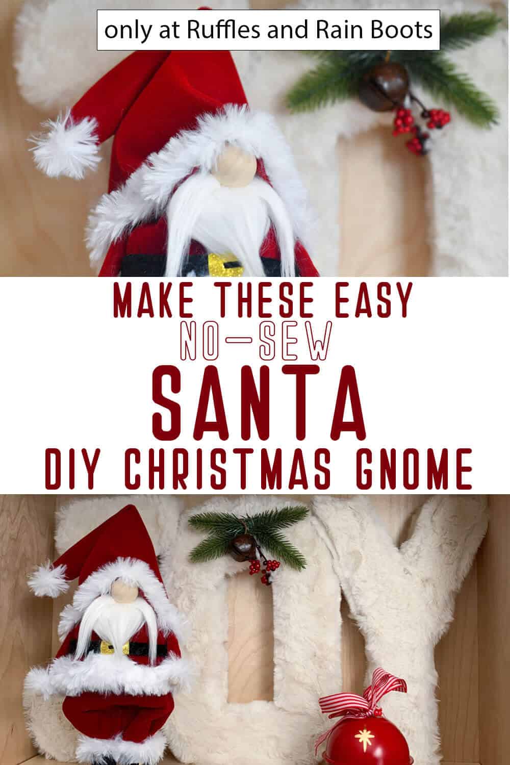 photo collage of diy christmas gnome santa claus with text which reads make these easy no-sew santa diy christmas gnome