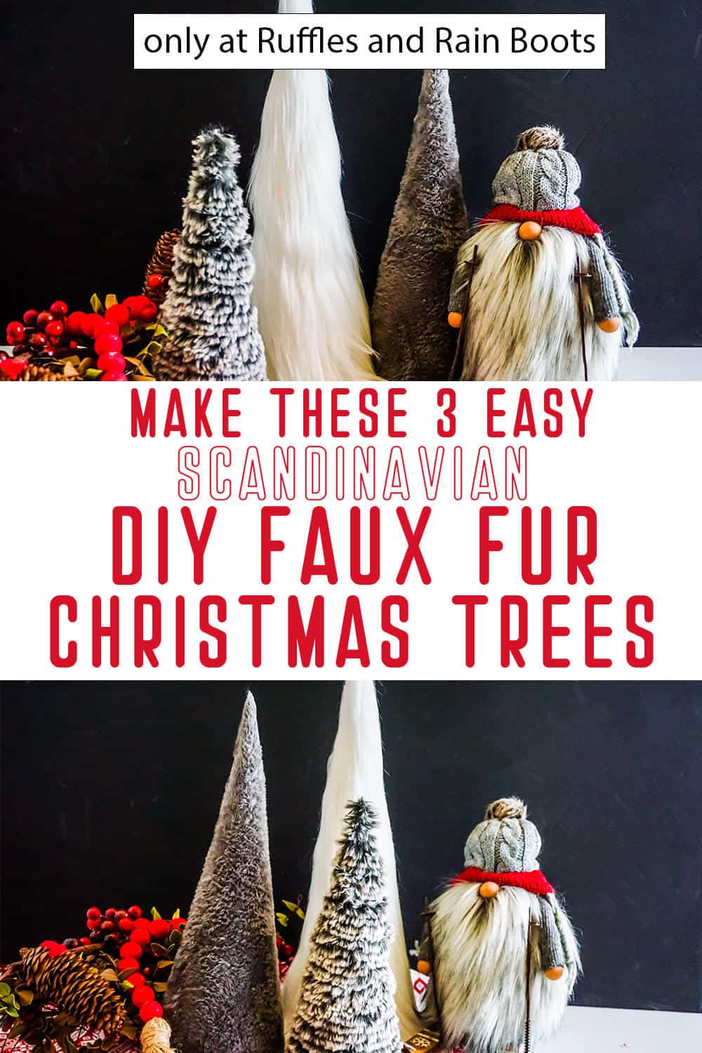 photo collage of diy fur trees for christmas with text which reads make these 3 easy scandinavian diy faux fur christmas trees