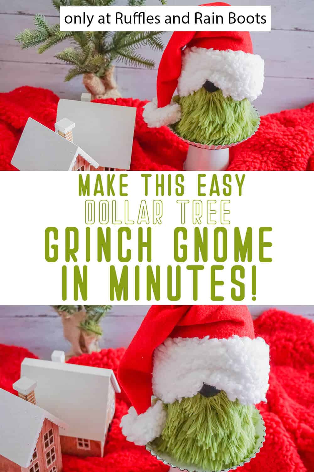 photo collage of dollar tree gnome diy for Christmas with text which reads make this easy dollar tree grinch gnome in minutes