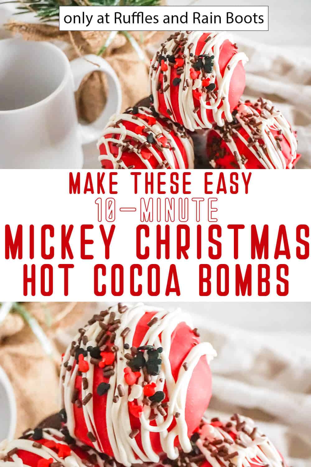 photo collage of easy christmas hot cocoa bombs with text which reads make these easy 10-minute mickey christmas hot cocoa bombs