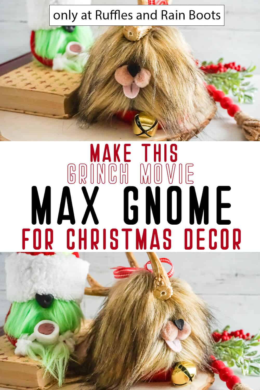 photo collage of easy max from the grinch gnome with text which reads make this grinch movie max gnome for christmas decor