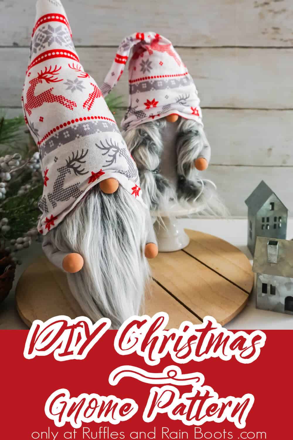 easy no-sew diy christmas gnome pattern for scandinavian gnomes with text which reads diy christmas gnome pattern