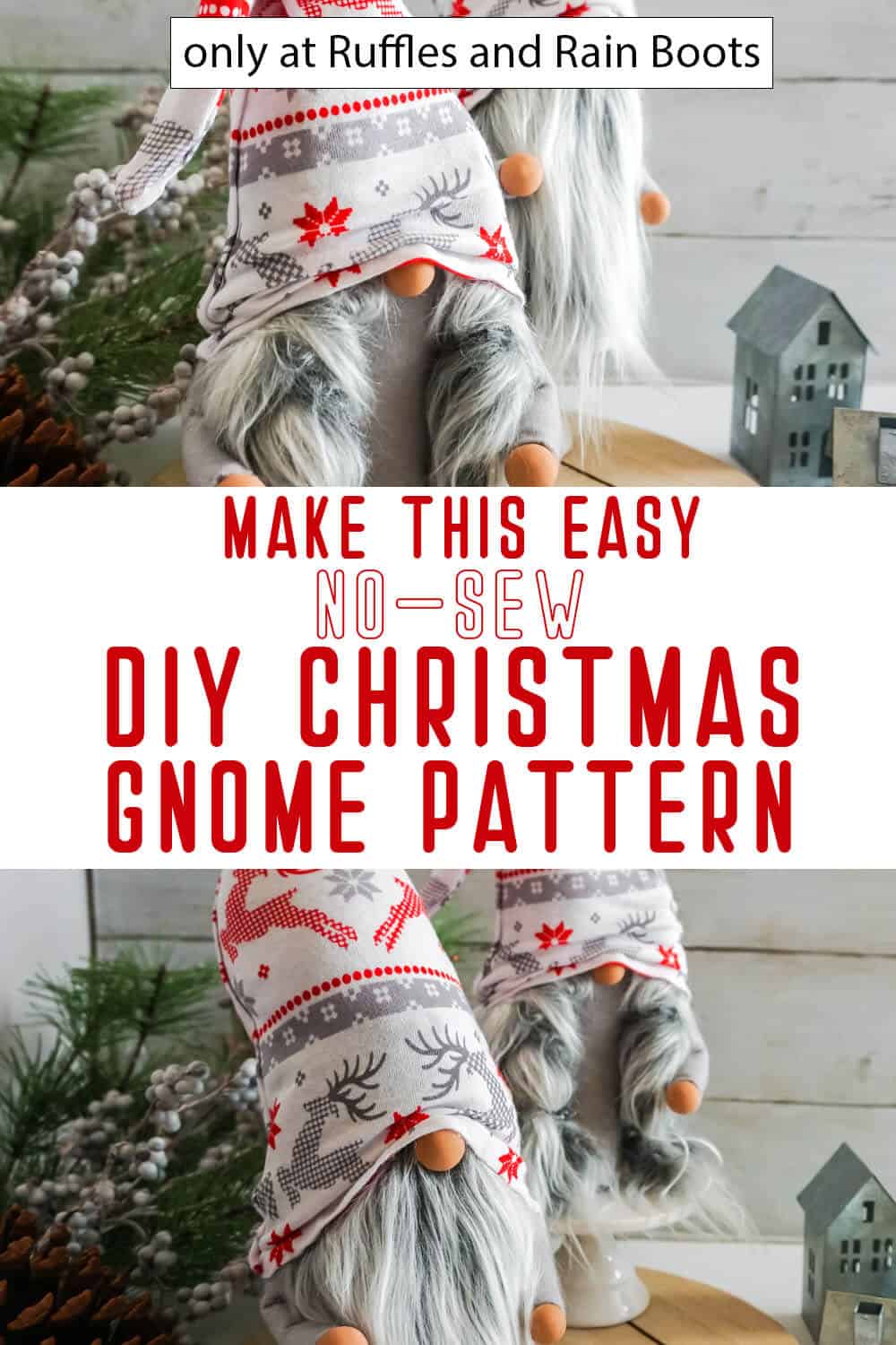 photo collage of easy no-sew diy scandinavian gnome pattern for christmas with text which reads make this easy no-sew diy christmas gnome pattern