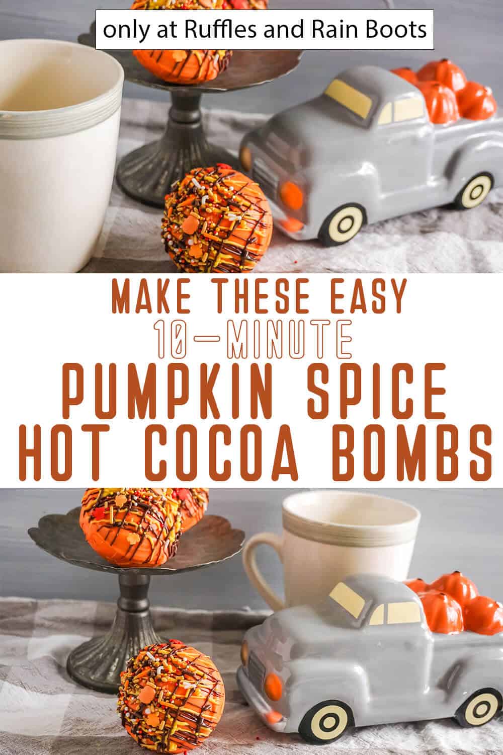 Photo of pumpkin spice hot cocoa bombs with text which reads, "Make these easy 10-minute pumpkin spice hot cocoa bombs."