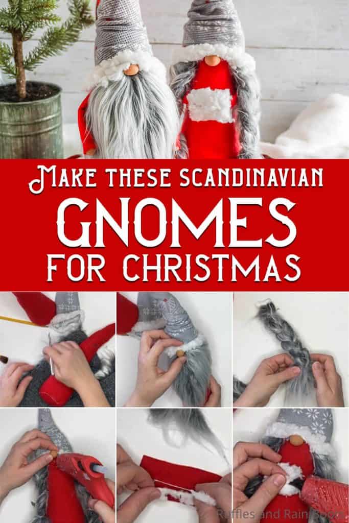 photo collage of sewn diy christmas gnome pattern with text which reads make these scandinavian gnomes for christmas