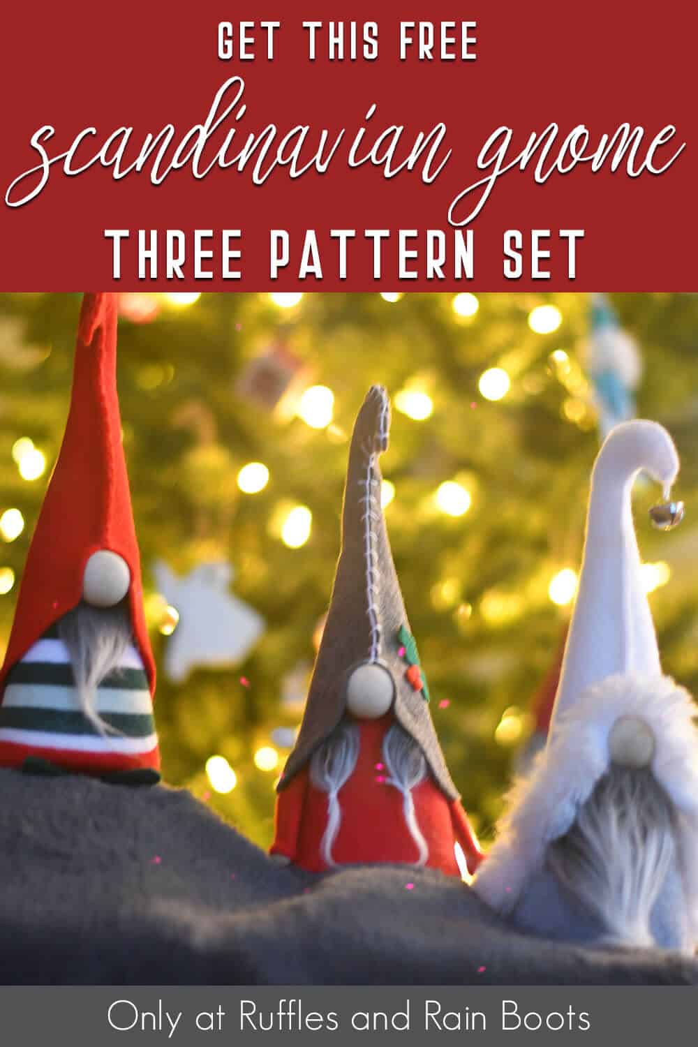 Three Scandinavian gnomes in front of blurry Christmas background with text which reads get this free Scandinavian gnome pattern set.