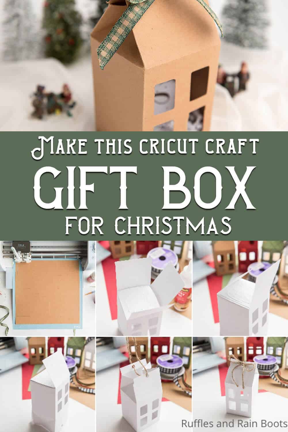 photo collage of christmas gift box cut file set for cricut or silhoutette with text which reads make this cricut craft gift box for christmas