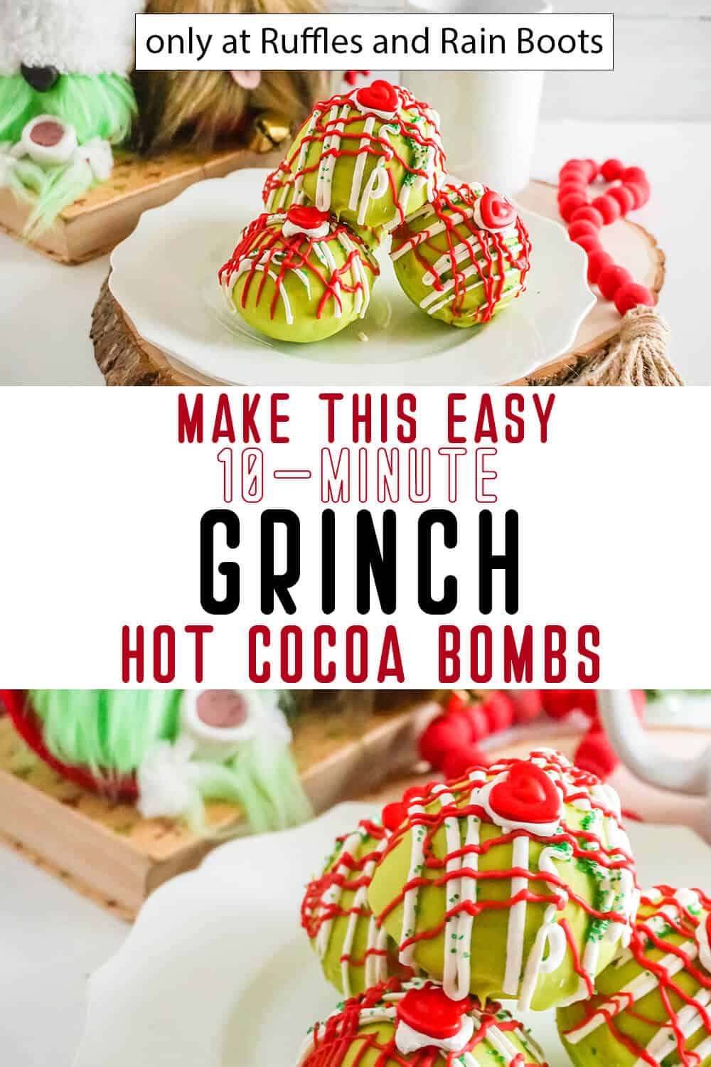 photo collage of diy hot chocolate bombs grinch themed with text which reads make this easy 10-minute grinch hot cocoa bombs