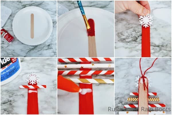 photo collage tutorial of how to make a paper straw christmas tree ornament kids craft