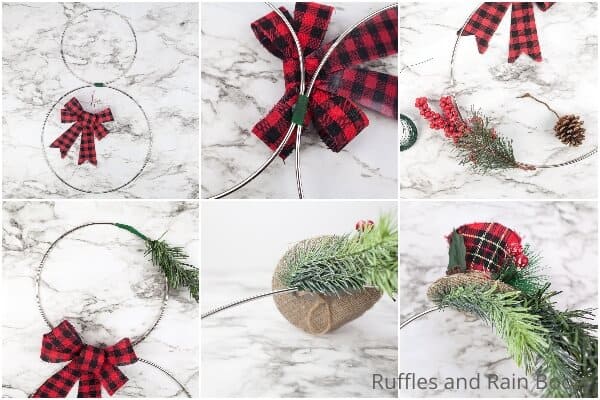 photo collage tutorial of how to make a snowman wreath