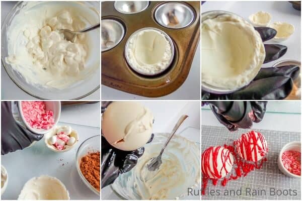 photo collage of how to make peppermint hot cocoa bombs