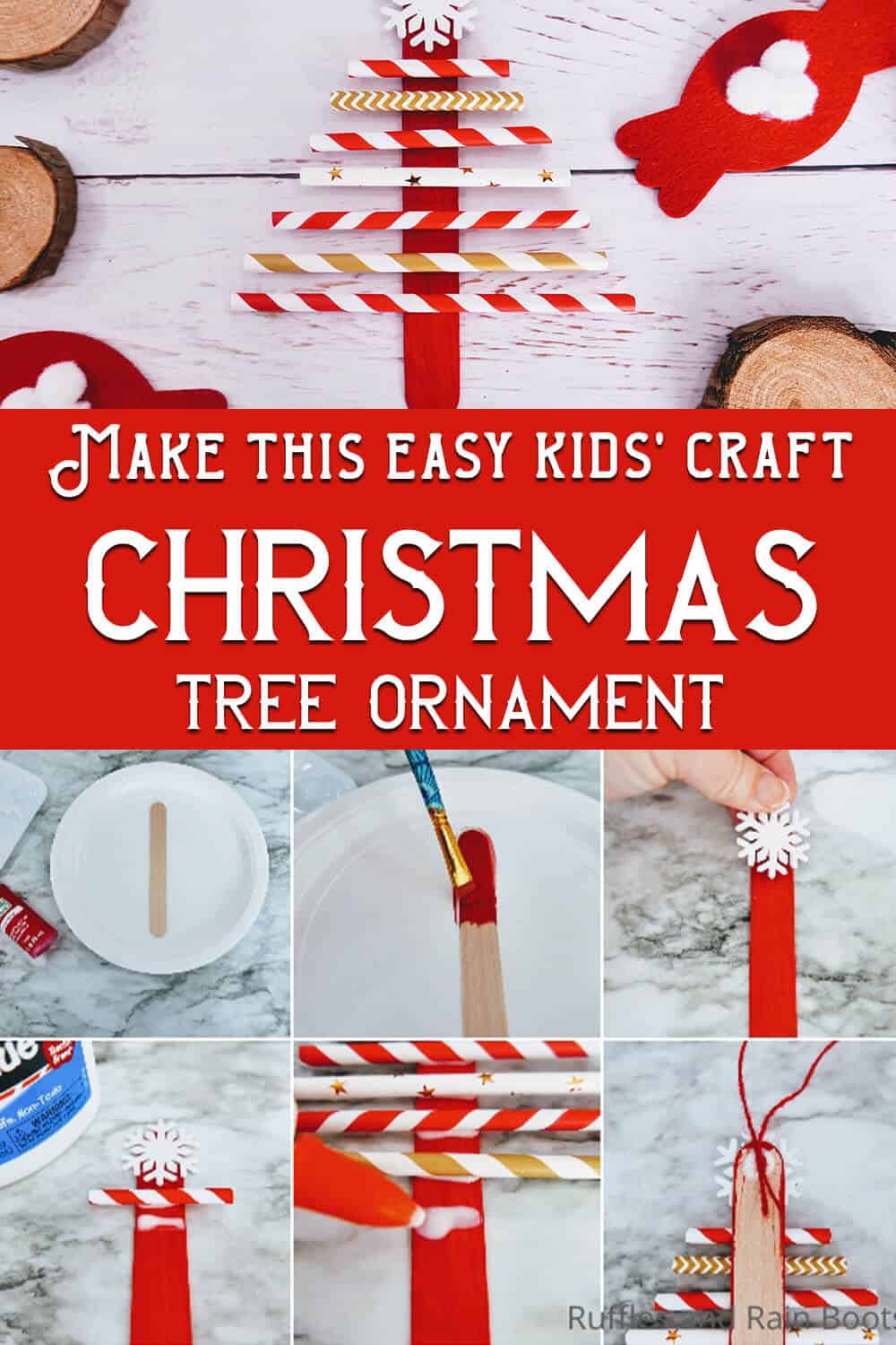 photo collage of easy kids christmas craft paper straw christmas tree ornament with text which reads make this easy kids craft christmas tree ornament