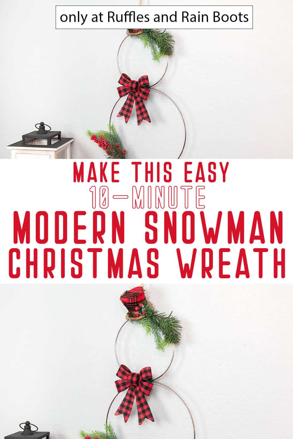 photo collage of modern christmas wreath snowman with text which reads make this easy 10-minute modern snowman christmas wreath