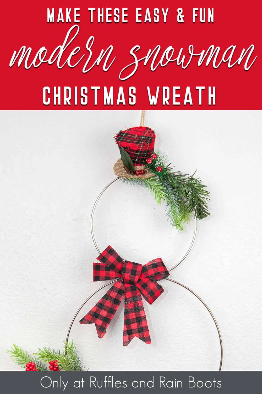 modern holiday wreath snowman with text which reads make this easy & fun modern snowman christmas wreath
