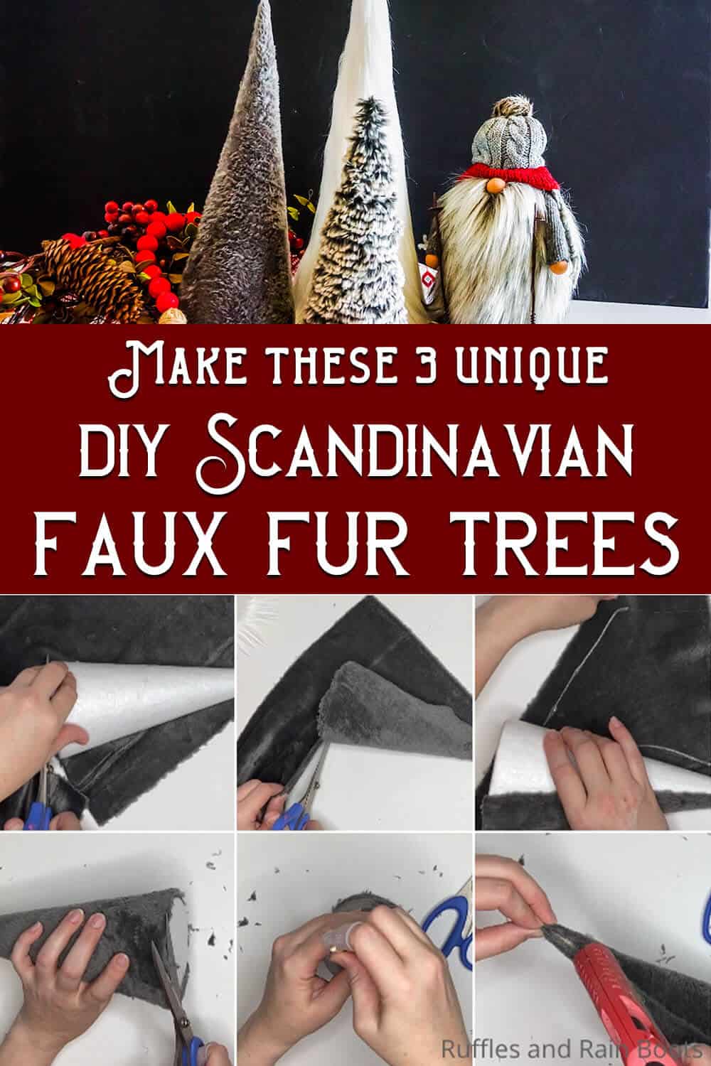 photo collage of scandinavian christmas trees diy with text which reads make these 3 unique diy scandinavian faux fur trees