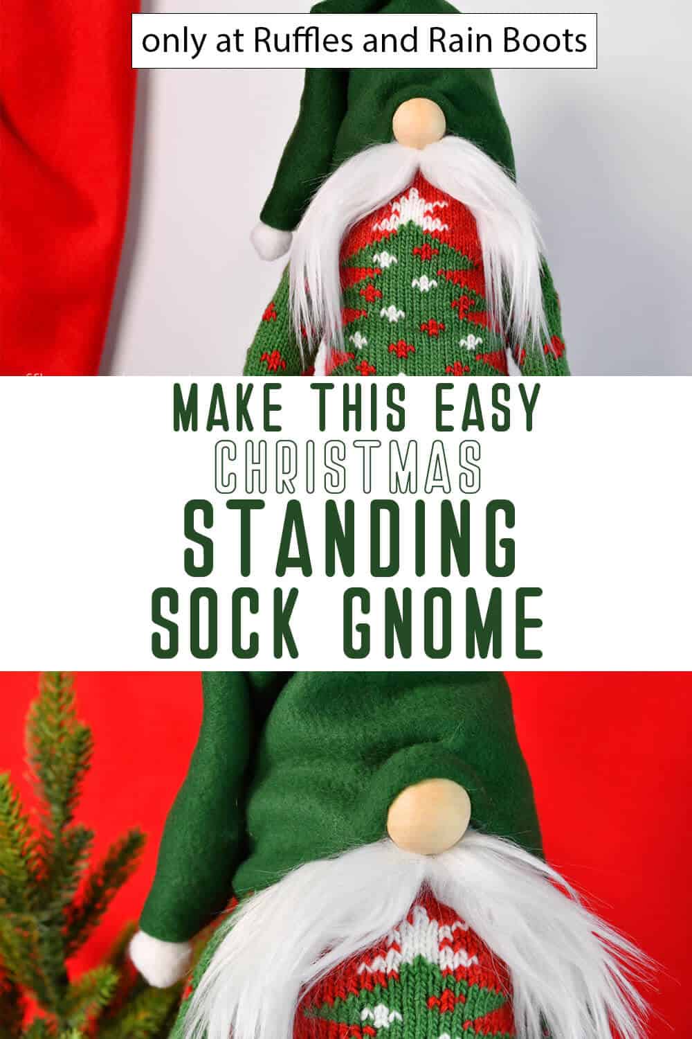 photo collage tutorial of DIY Christmas gnome that stands with text which reads make this easy christmas standing sock gnome