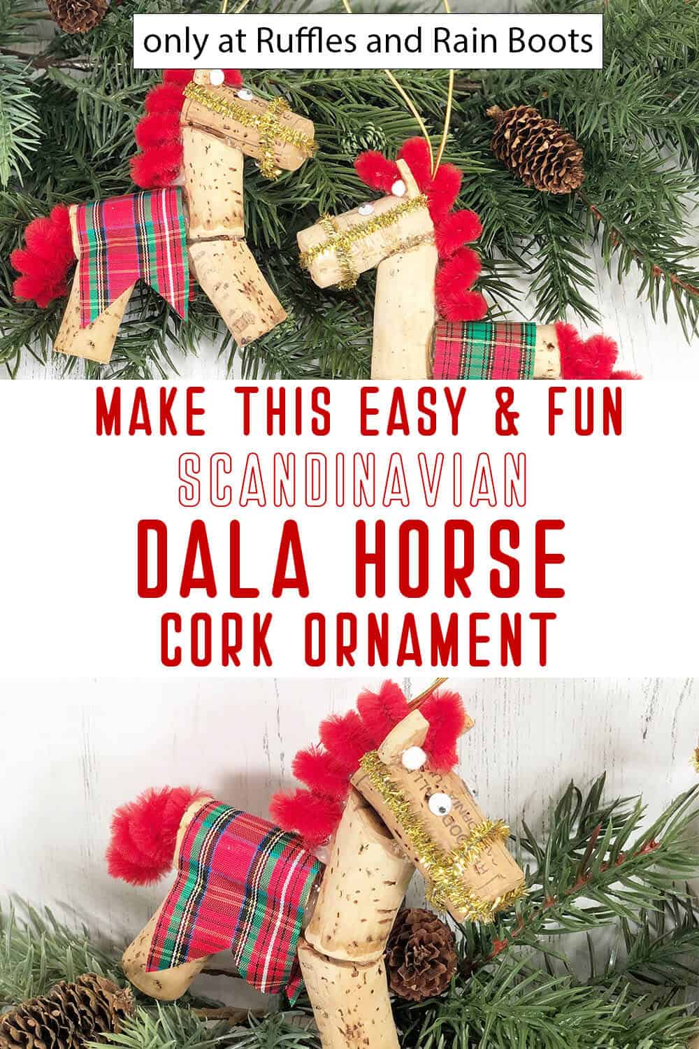 DIY scandinavian horse ornament with text which reads make this easy & fun scandinavian dala hors cork ornament