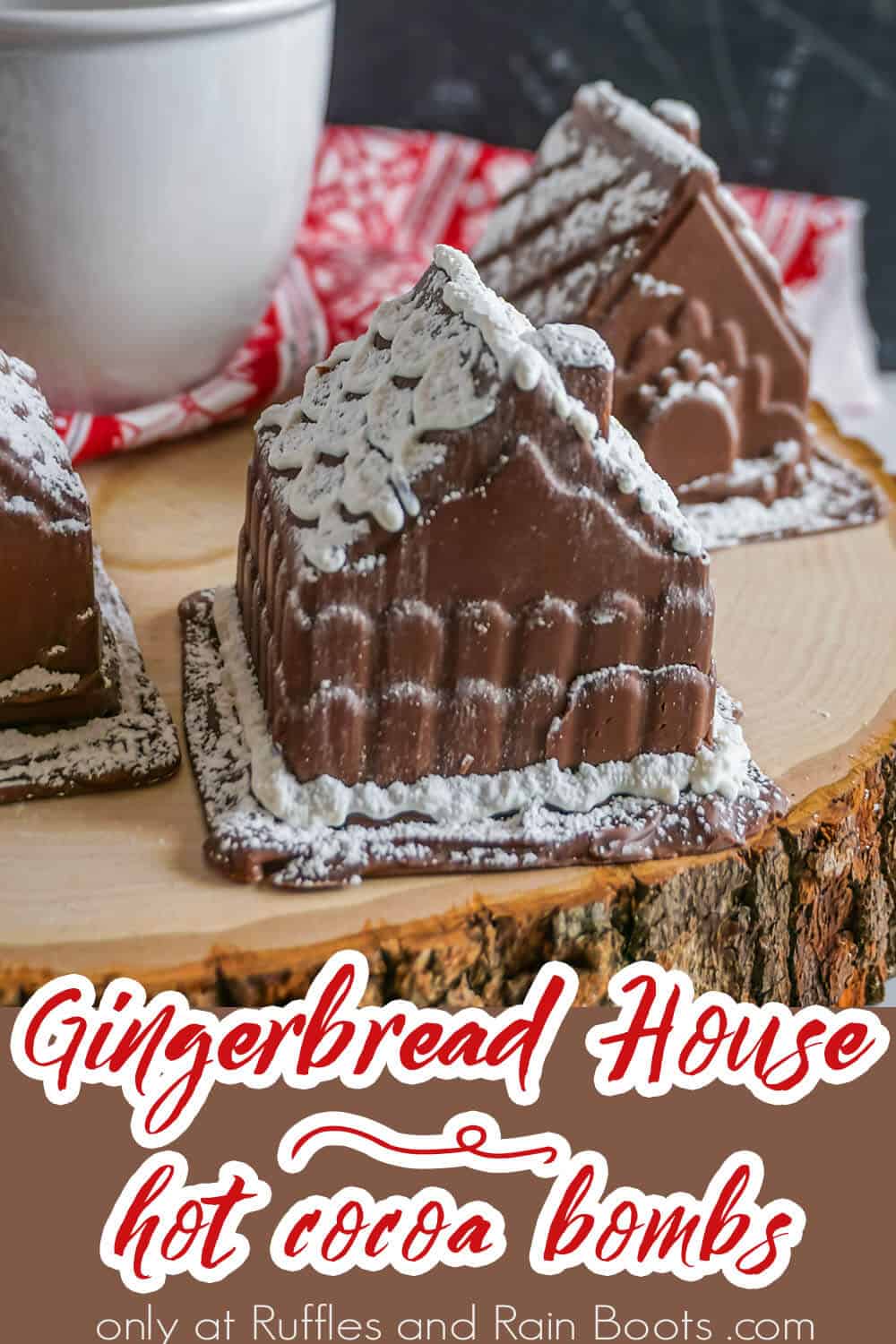 Hot Cocoa Bombs in the Shape of Gingerbread House with text which reads gingerbread house hot cocoa bombs
