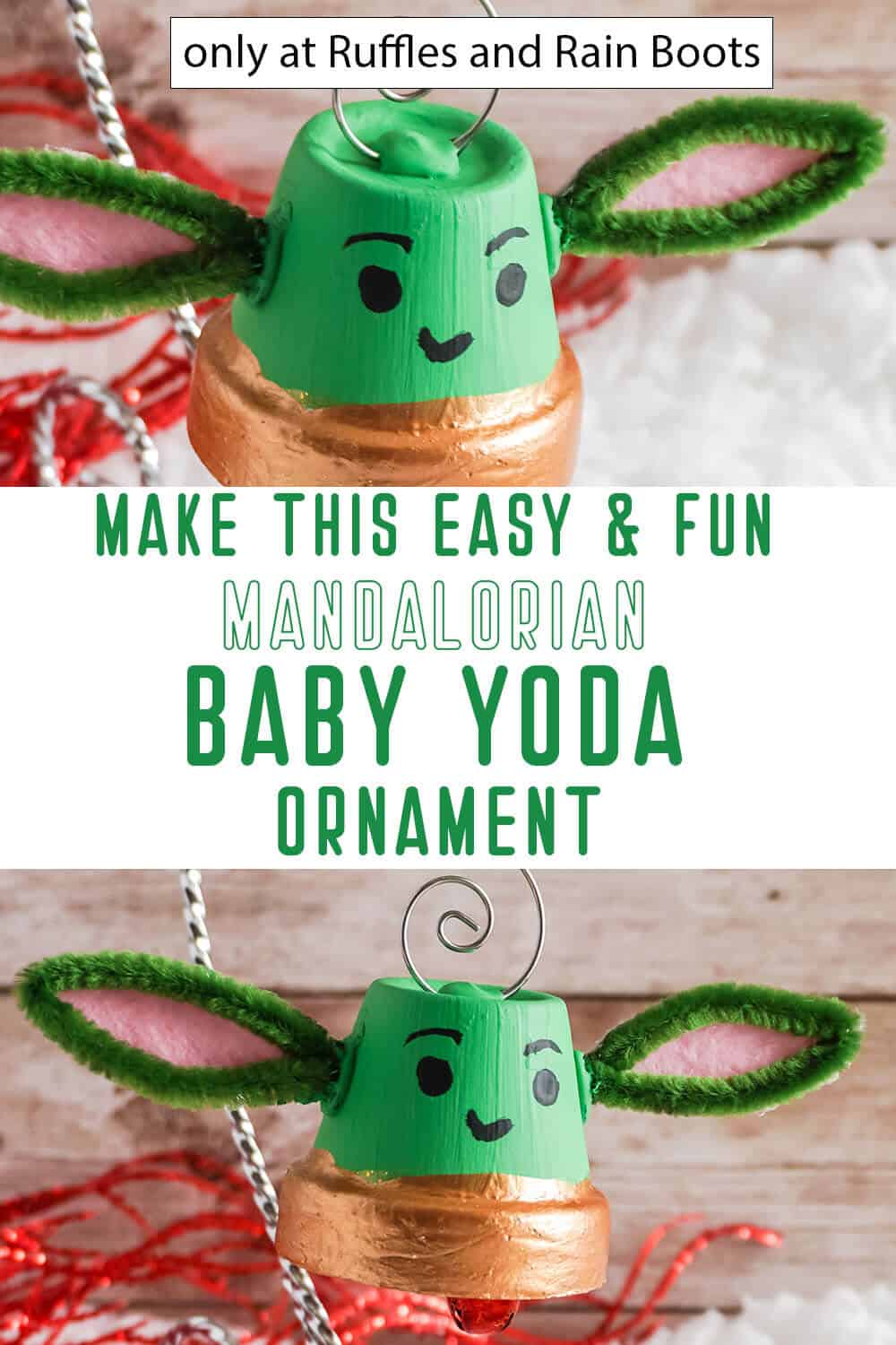 photo collage of christmas ornament baby yoda with text which reads make this easy & fun mandalorian baby yoda ornament