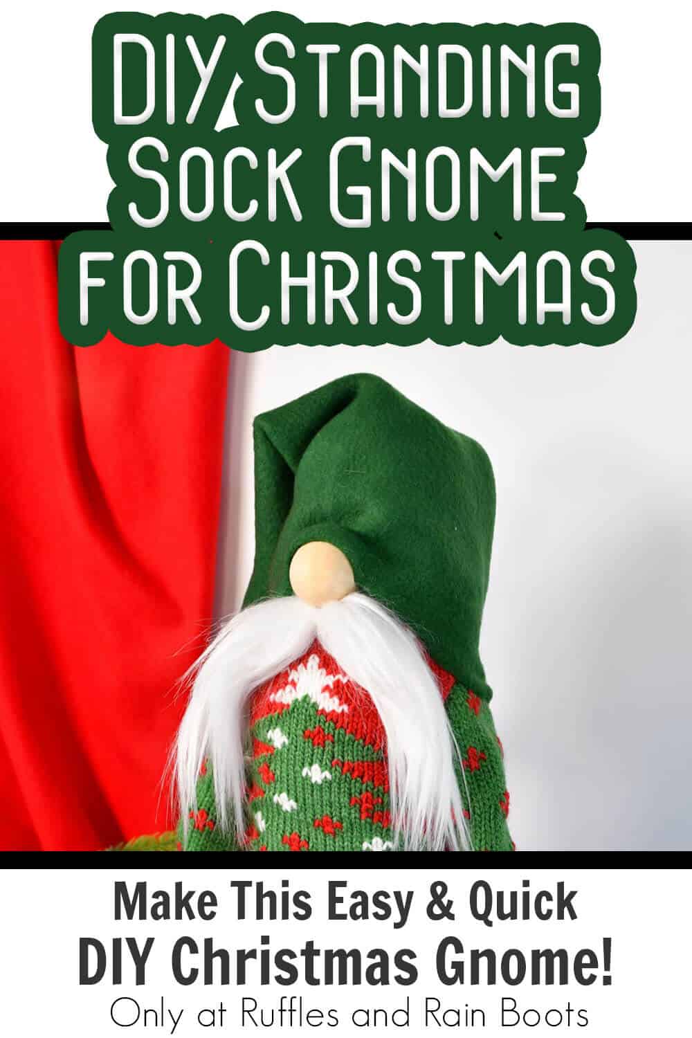 christmas standing gnome from a wine bottle sweater with text which reads diy standing sock gnome for christmas make this easy & quick diy christmas gnome!