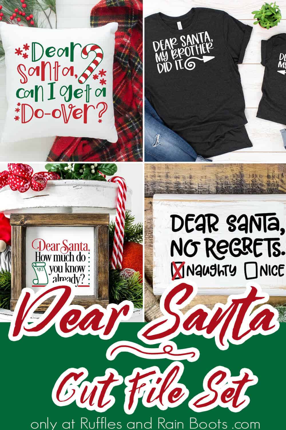 photo collage of christmas cut file set dear santa phrases for kids shirts with text which reads dear santa cut file set
