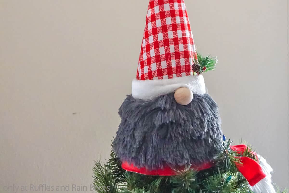 diy christmas gnome christmas tree topper from dollar store supplies