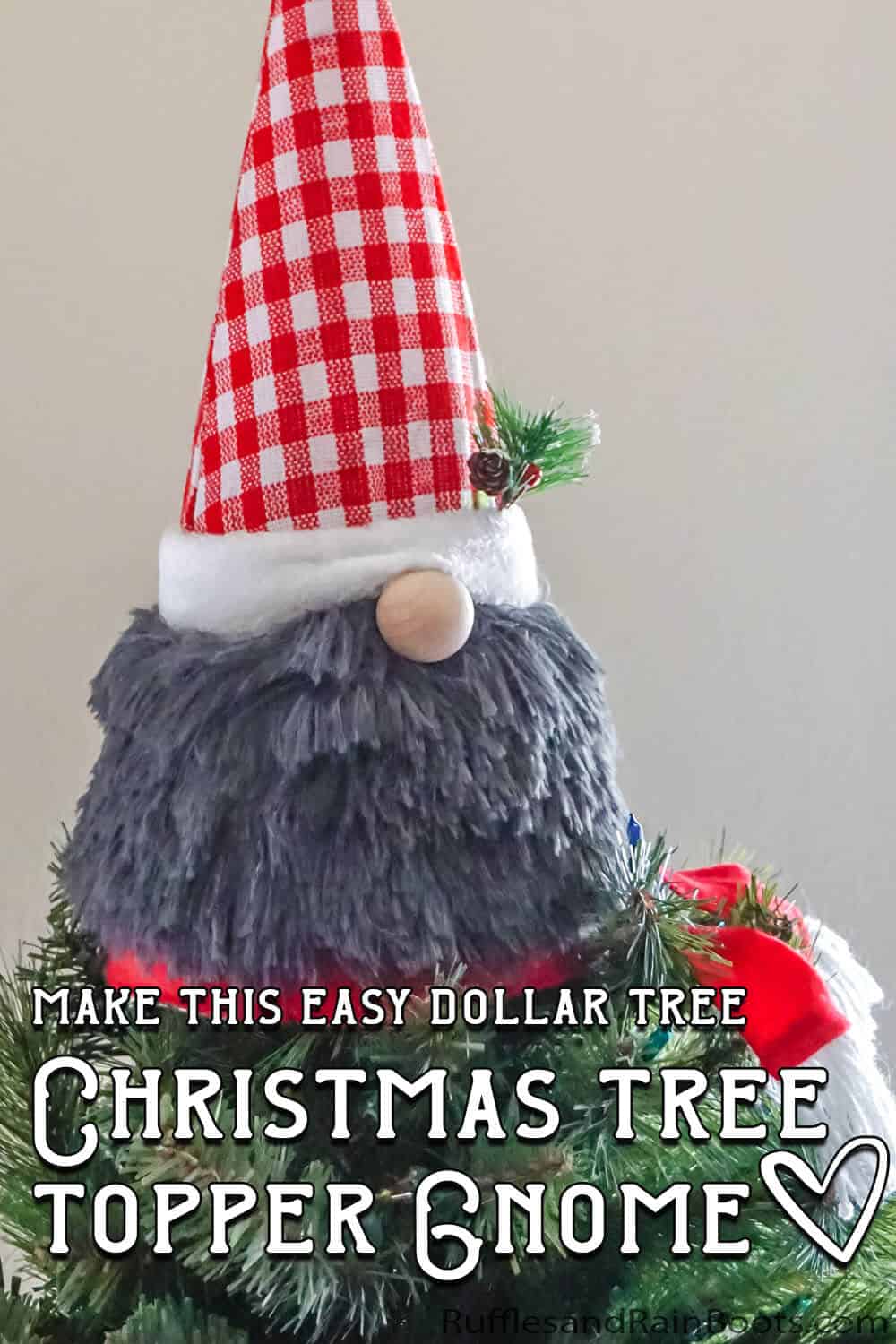 dollar tree christmas tree topper gnome craft with text which reads make this easy dollar tree christmas tree topper gnome