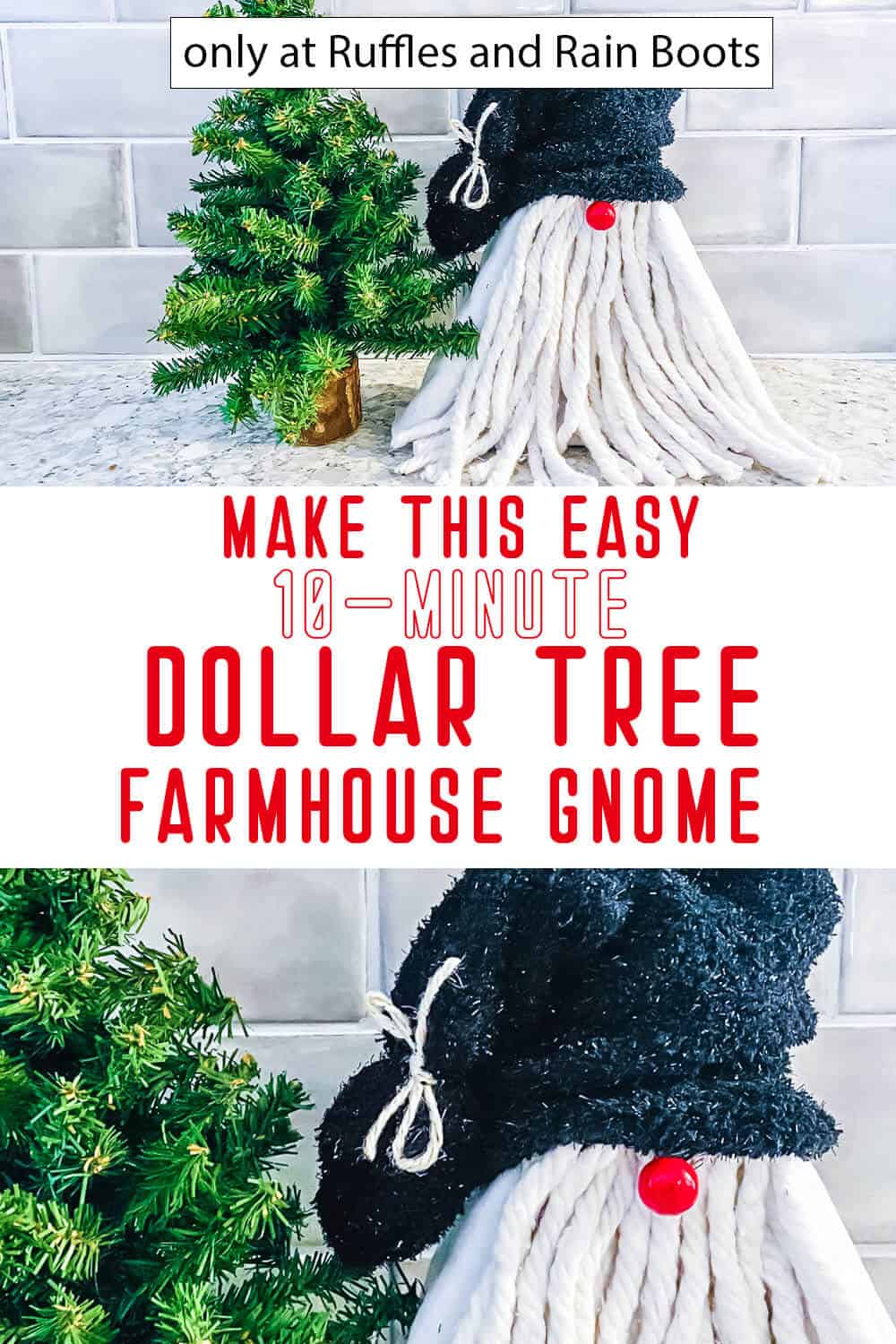 photo collage of dollar tree diy gnome with text which reads make this easy 10-minute dollar tree from house gnome
