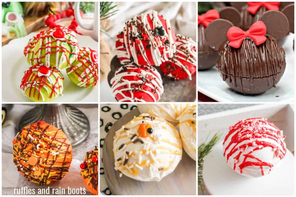 horizontal collage of six hot cocoa bomb recipes available on ruffles and rain boots in colors red white green and brown